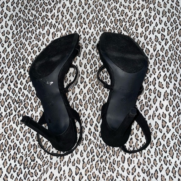 Bebe Black High Heel Suede Sandal Open Toe Bejeweled Rhinestone Bling Strap NWOT - Picture 12 of 12